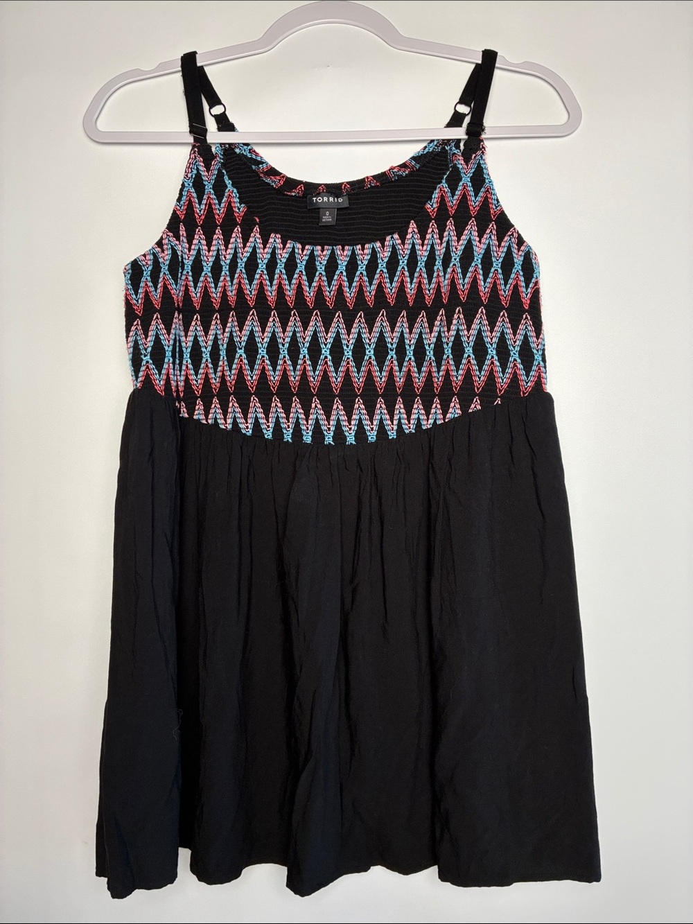 Torrid Black Tank Top with Pink and Blue Zigzag Smocked Bodice